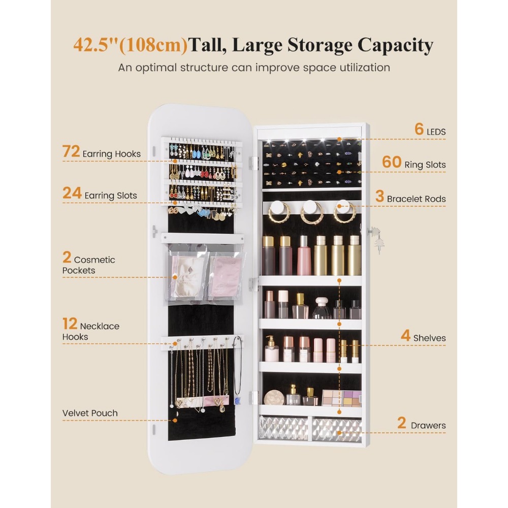 LED Lighted Jewelry Cabinet wi - Women Accessories Organizer 评论和价格